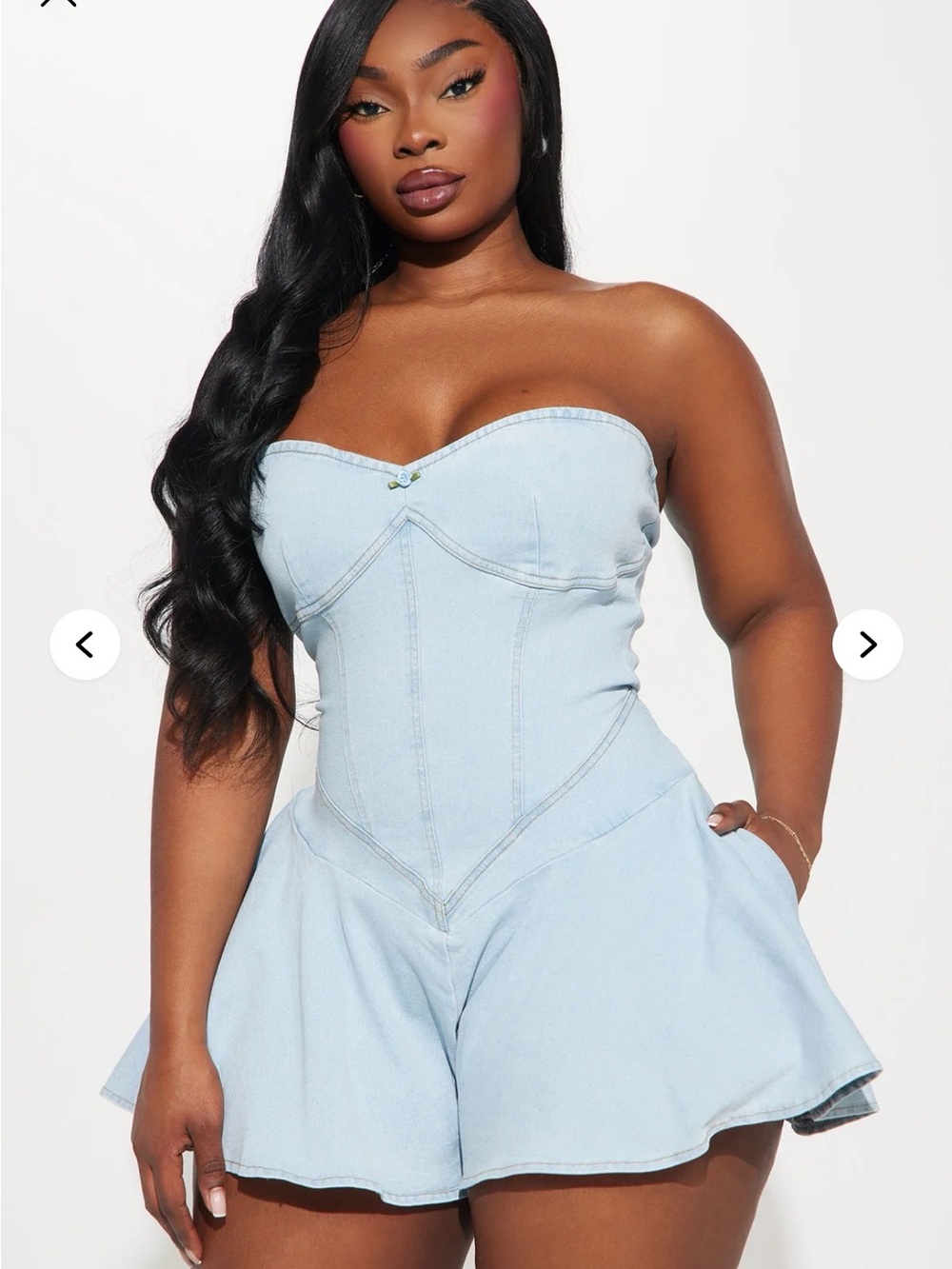 Fashion Nova Light Blue Denim Strapless Denim Romper